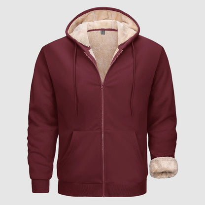 Warm Men's Sherpa-Lined Full Zip Hoodie with Multi-Pockets for Winter
