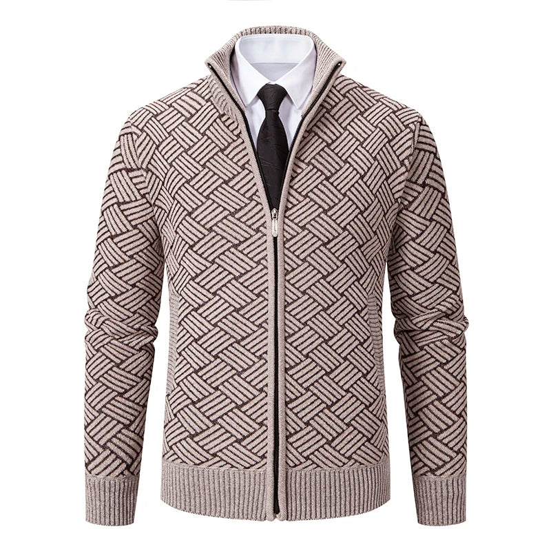 Men's Geometric Knit Cardigan Polyester Zip-Up High Collar - VibreMode
