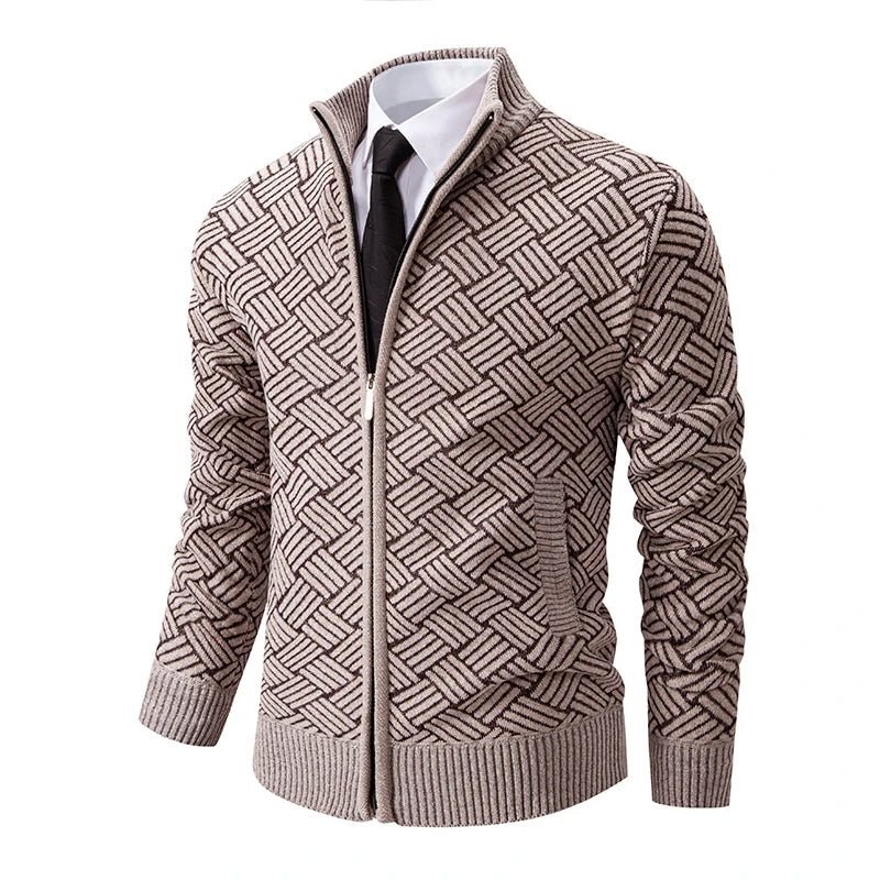 Men's Warm Geometric Knit Zip-Up Cardigan – High Collar, Regular Fit, Polyester