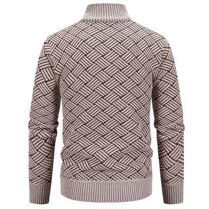 Men's Warm Geometric Knit Zip-Up Cardigan – High Collar, Regular Fit, Polyester