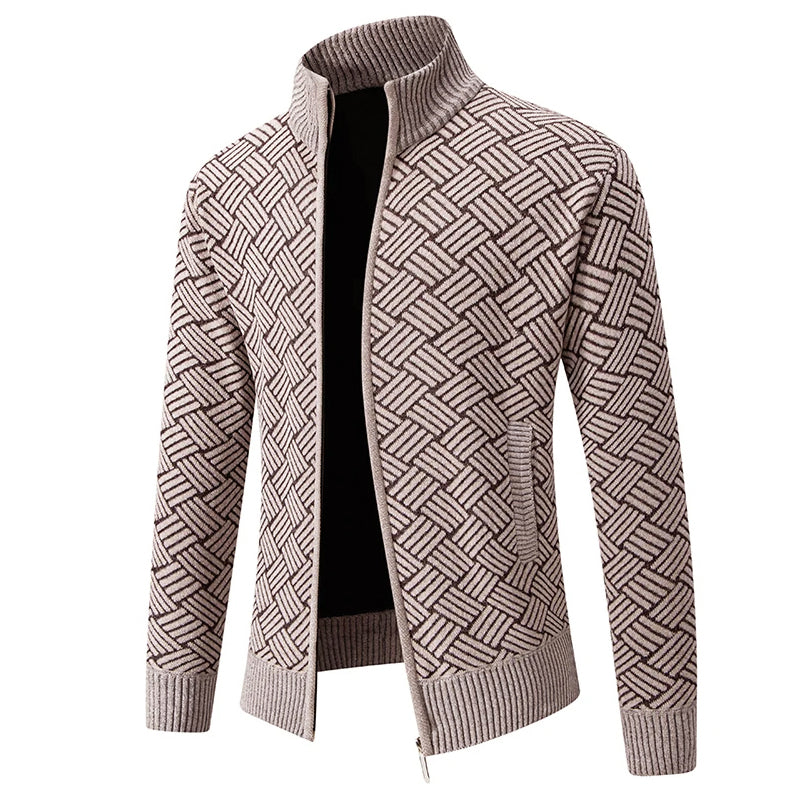 Men's Warm Geometric Knit Zip-Up Cardigan – High Collar, Regular Fit, Polyester