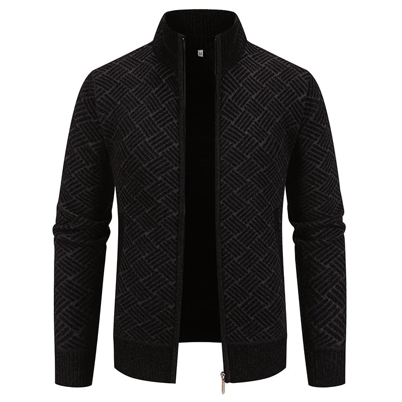 Men's Warm Geometric Knit Zip-Up Cardigan – High Collar, Regular Fit, Polyester