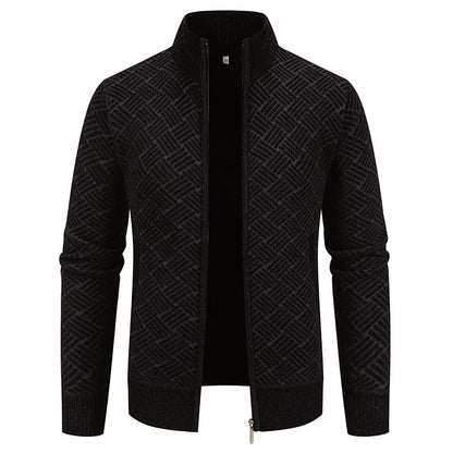 Men's Warm Geometric Knit Zip-Up Cardigan – High Collar, Regular Fit, Polyester
