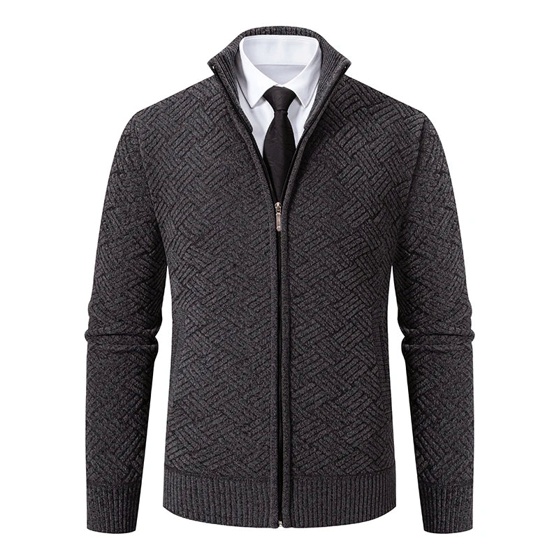 Men's Warm Geometric Knit Zip-Up Cardigan – High Collar, Regular Fit, Polyester