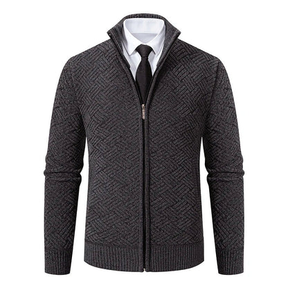 Men's Warm Geometric Knit Zip-Up Cardigan – High Collar, Regular Fit, Polyester