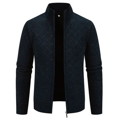 Men's Warm Geometric Knit Zip-Up Cardigan – High Collar, Regular Fit, Polyester