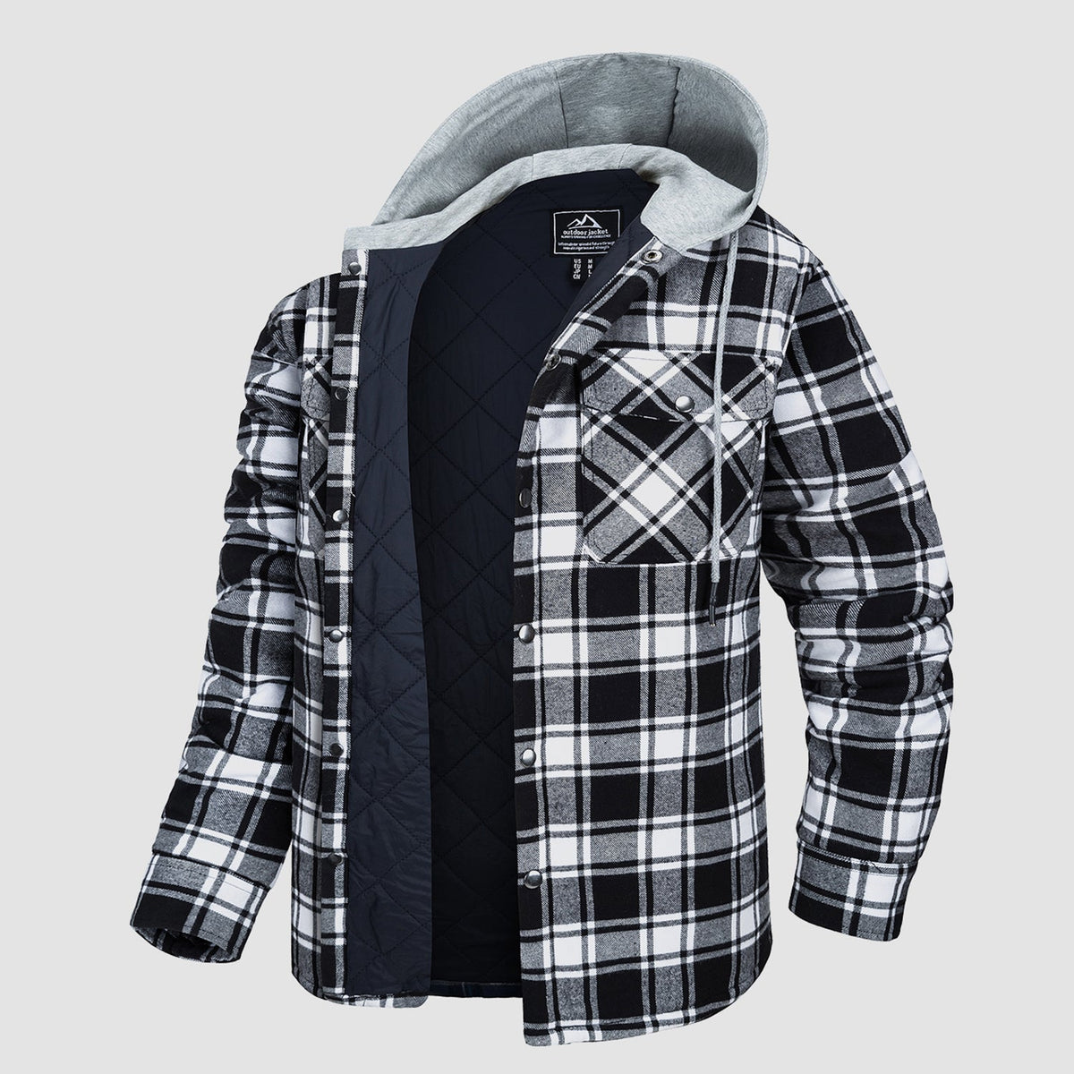Men's Quilted Flannel Jacket With Hood Warm