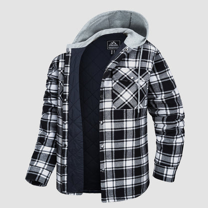 Men's Quilted Flannel Jacket With Hood Warm