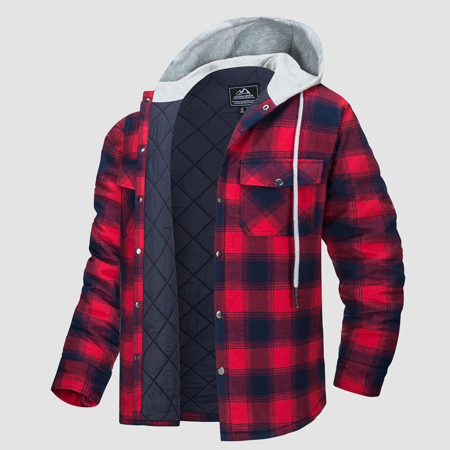 Men's Quilted Flannel Jacket With Hood Warm