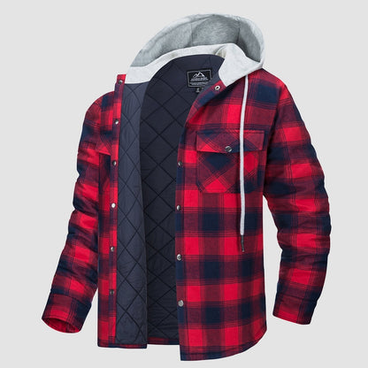 Men's Quilted Flannel Jacket With Hood Warm