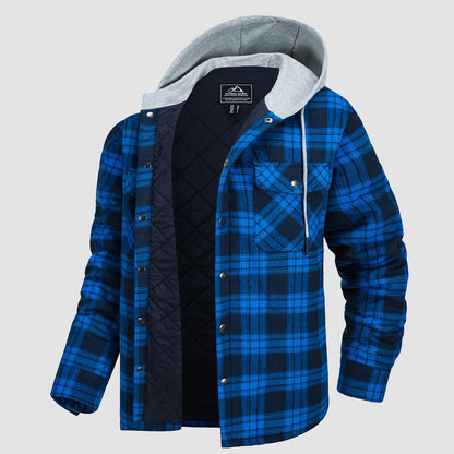 Men's Quilted Flannel Jacket With Hood Warm
