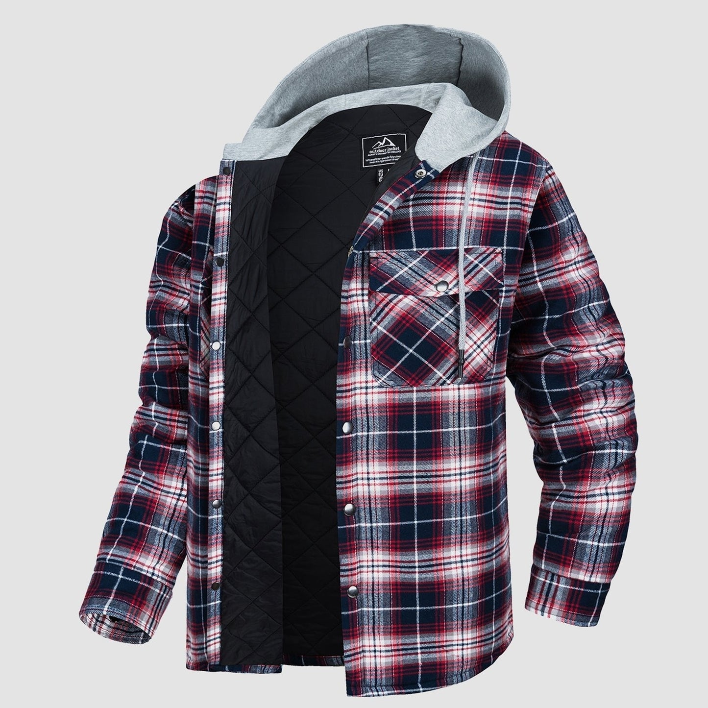 Men's Quilted Flannel Jacket With Hood Warm