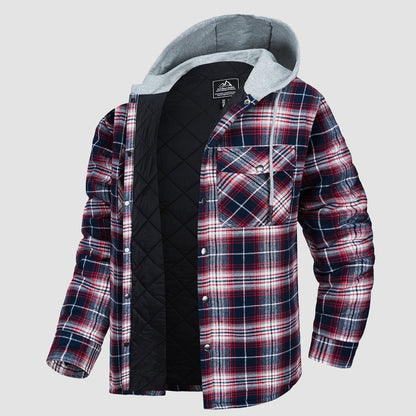 Men's Quilted Flannel Jacket With Hood Warm