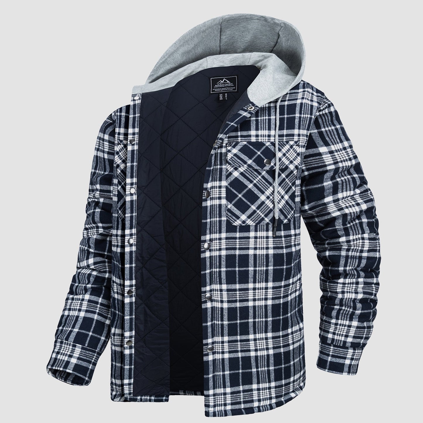 Men's Quilted Flannel Jacket With Hood Warm