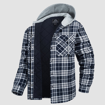Men's Quilted Flannel Jacket With Hood Warm
