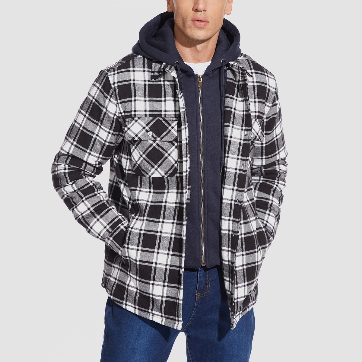Men's Flannel Jacket 5 Pocket Removable Hood