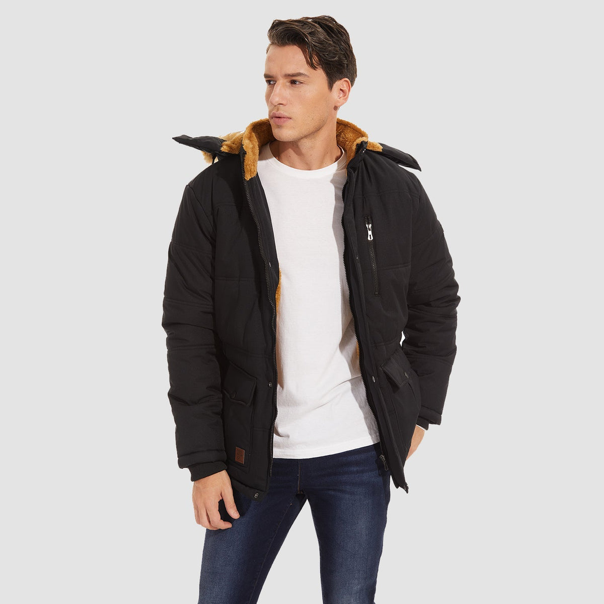 Men's Fleece-Lined Parka Jacket Warm Puffer Black