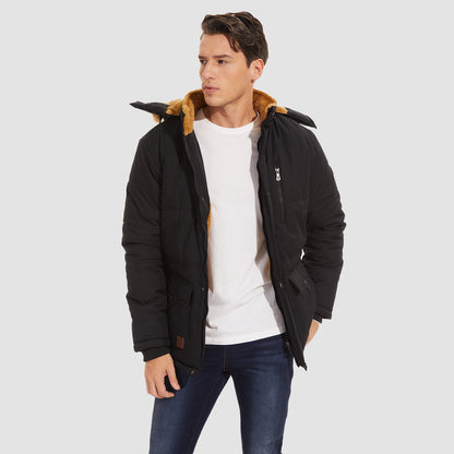 Men's Fleece-Lined Parka Jacket Warm Puffer Black
