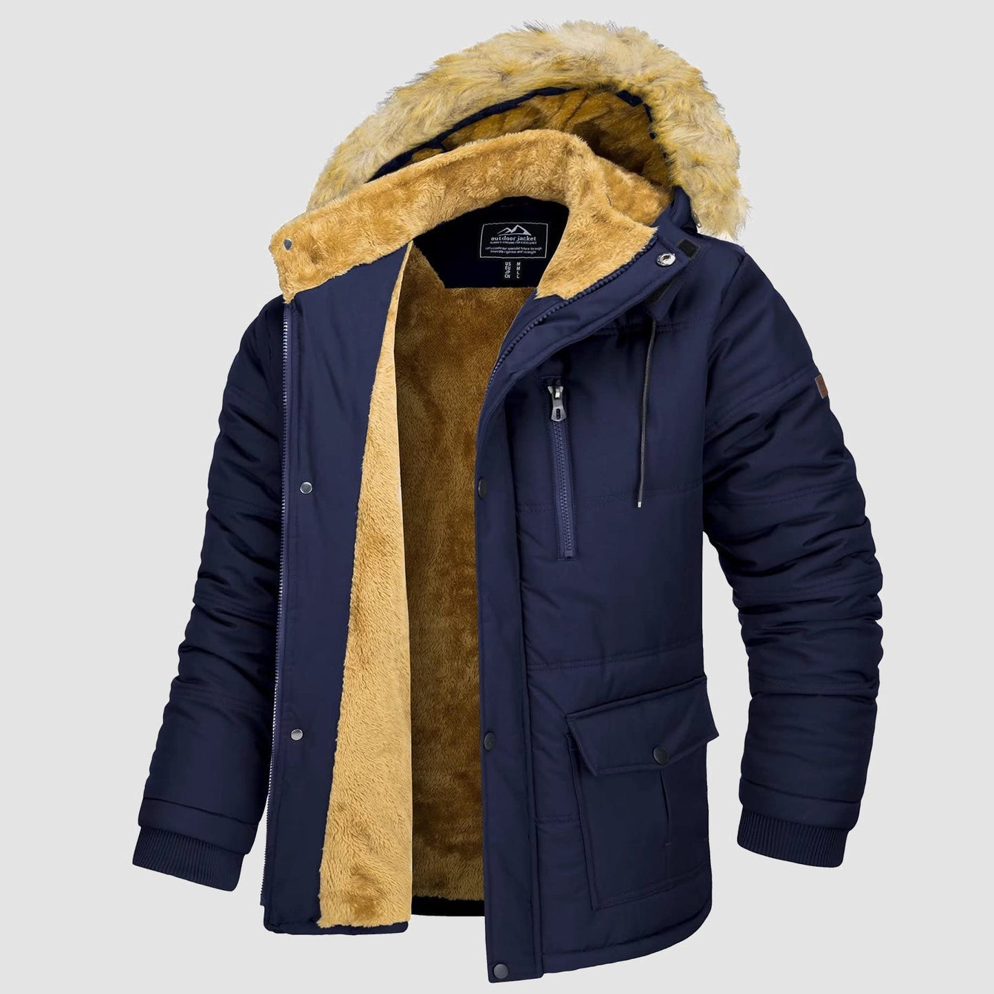 Men's Fleece-Lined Parka Jacket Warm Puffer Black