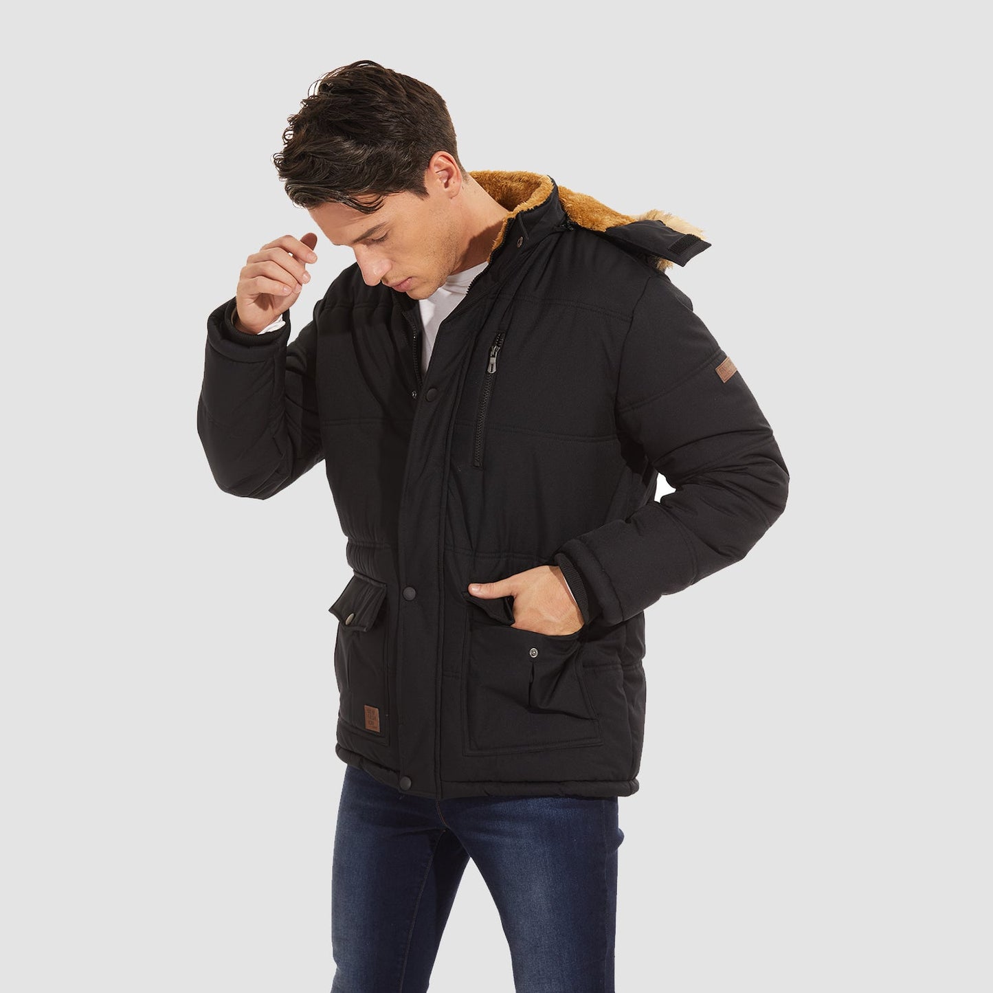 Men's Fleece-Lined Parka Jacket Warm Puffer Black