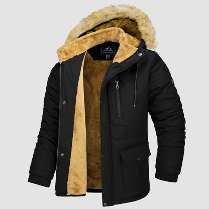 Men's Fleece-Lined Parka Jacket Warm Puffer Black - VibreMode