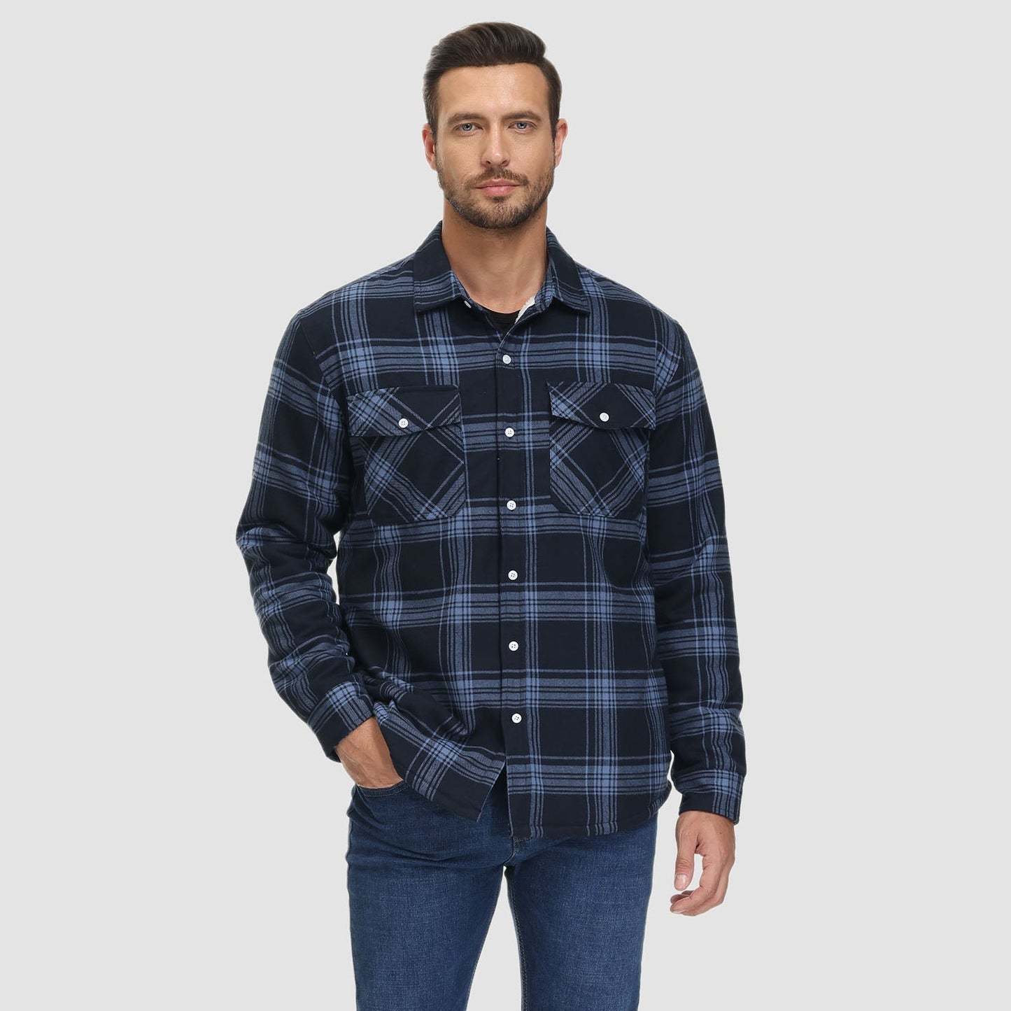 Men's Flannel Shirt Jacket Fleece Lined Cotton Warm Beige