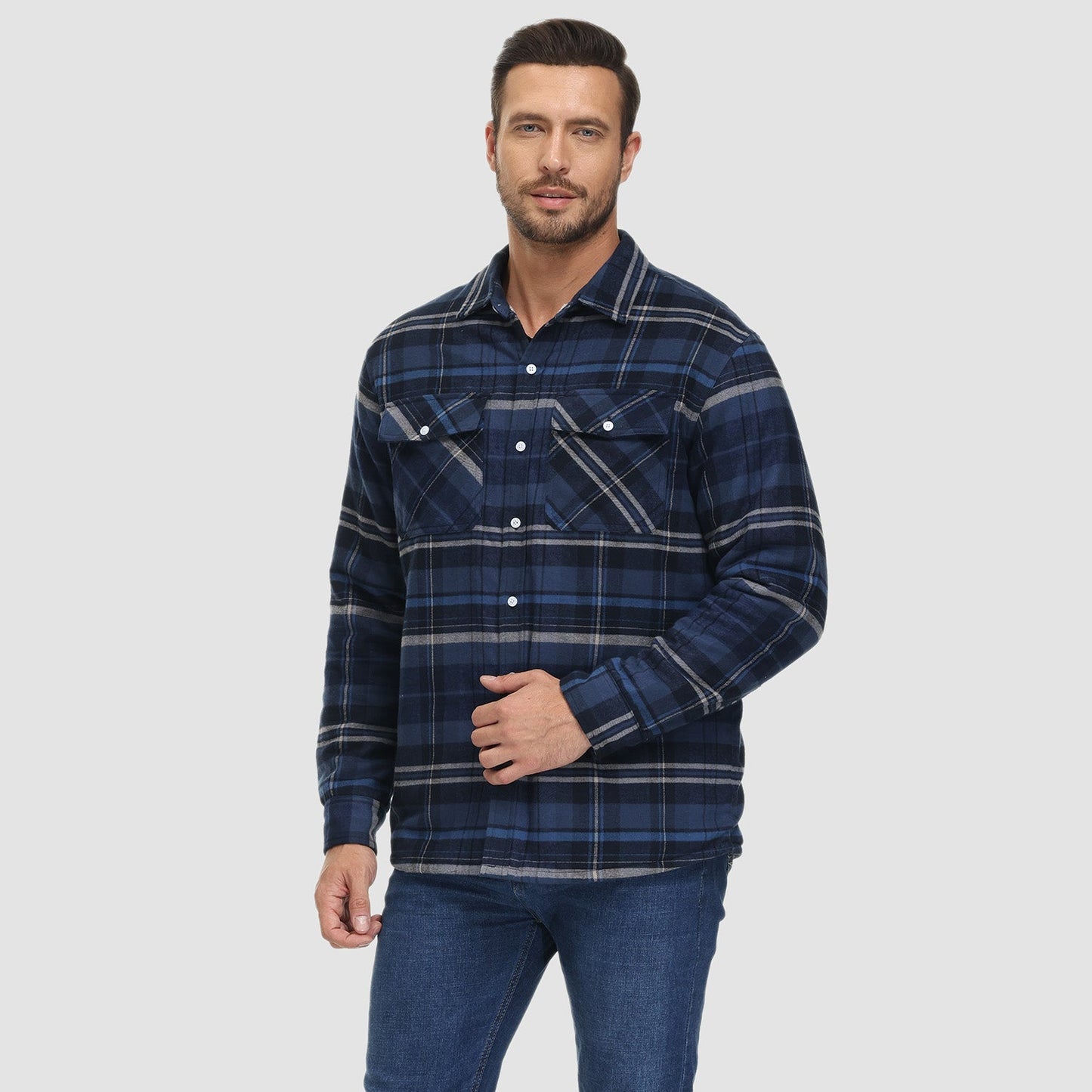 Men's Flannel Shirt Jacket Fleece Lined Cotton Warm Beige