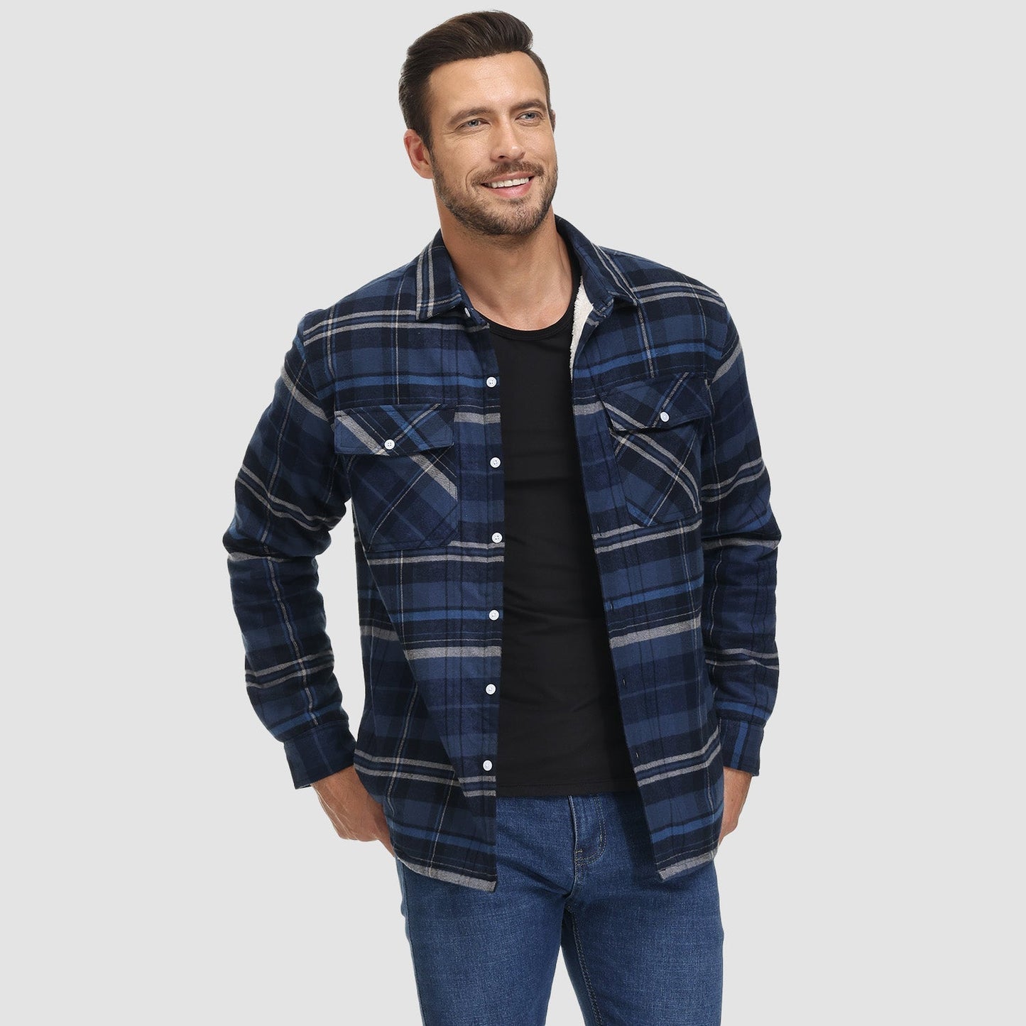 Men's Flannel Shirt Jacket Fleece Lined Cotton Warm Beige