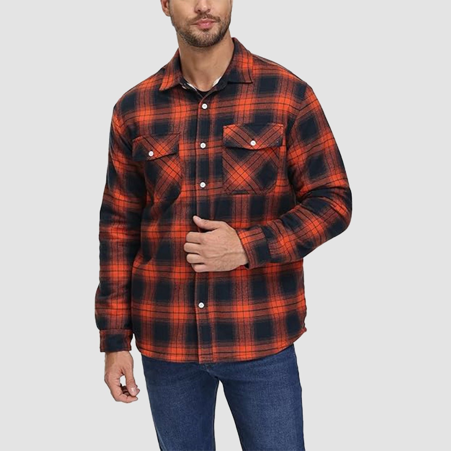 Men's Flannel Shirt Jacket Fleece Lined Cotton Warm Beige
