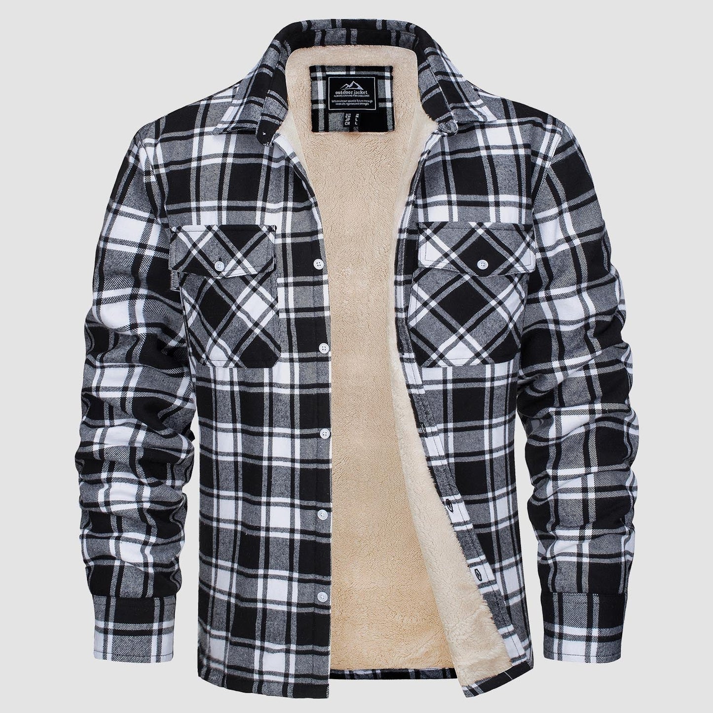 Men's Flannel Shirt Jacket Fleece Lined Cotton Warm Beige
