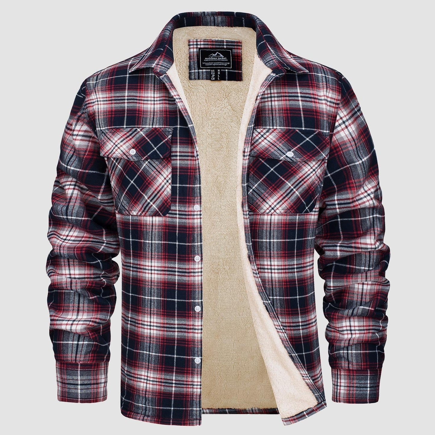 Men's Flannel Shirt Jacket Fleece Lined Cotton Warm Beige