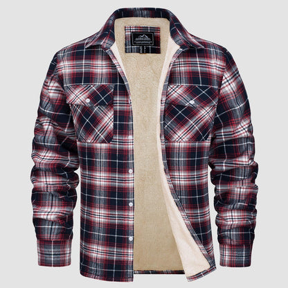 Men's Flannel Shirt Jacket Fleece Lined Cotton Warm Beige