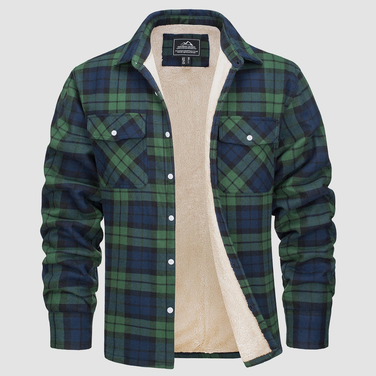 Men's Flannel Shirt Jacket Fleece Lined Cotton Warm Beige