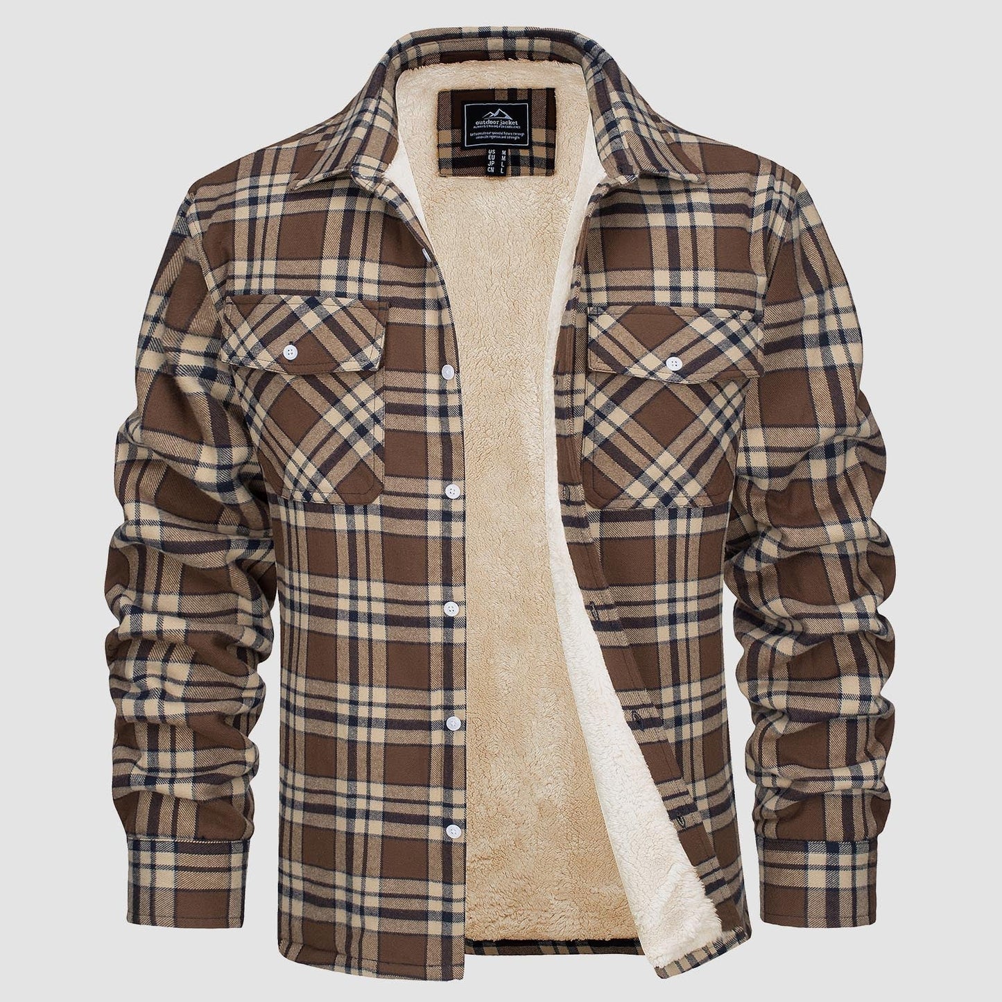 Men's Flannel Shirt Jacket Fleece Lined Cotton Warm Beige - VibreMode