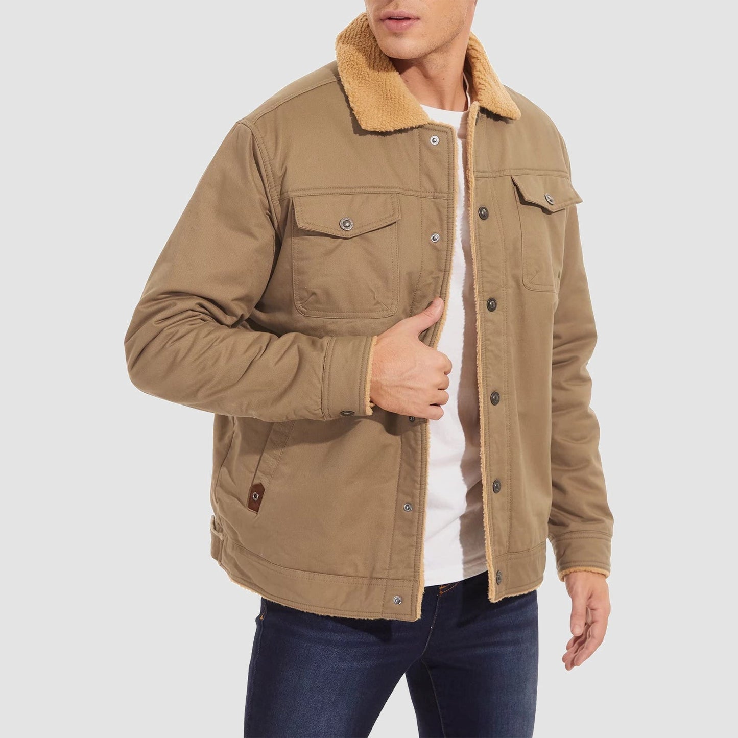 Men's Sherpa Lined Jacket Multiple Pockets Warm Brown