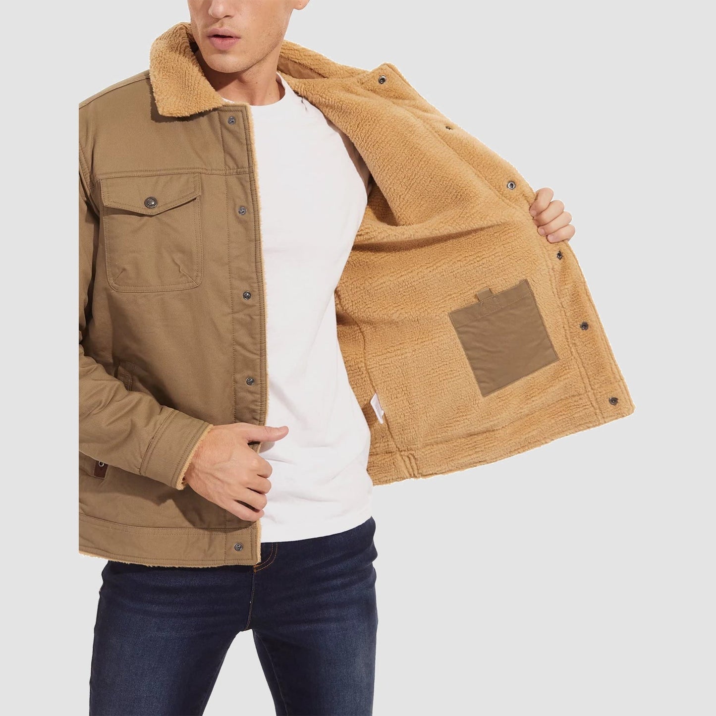 Men's Sherpa Lined Jacket Multiple Pockets Warm Brown