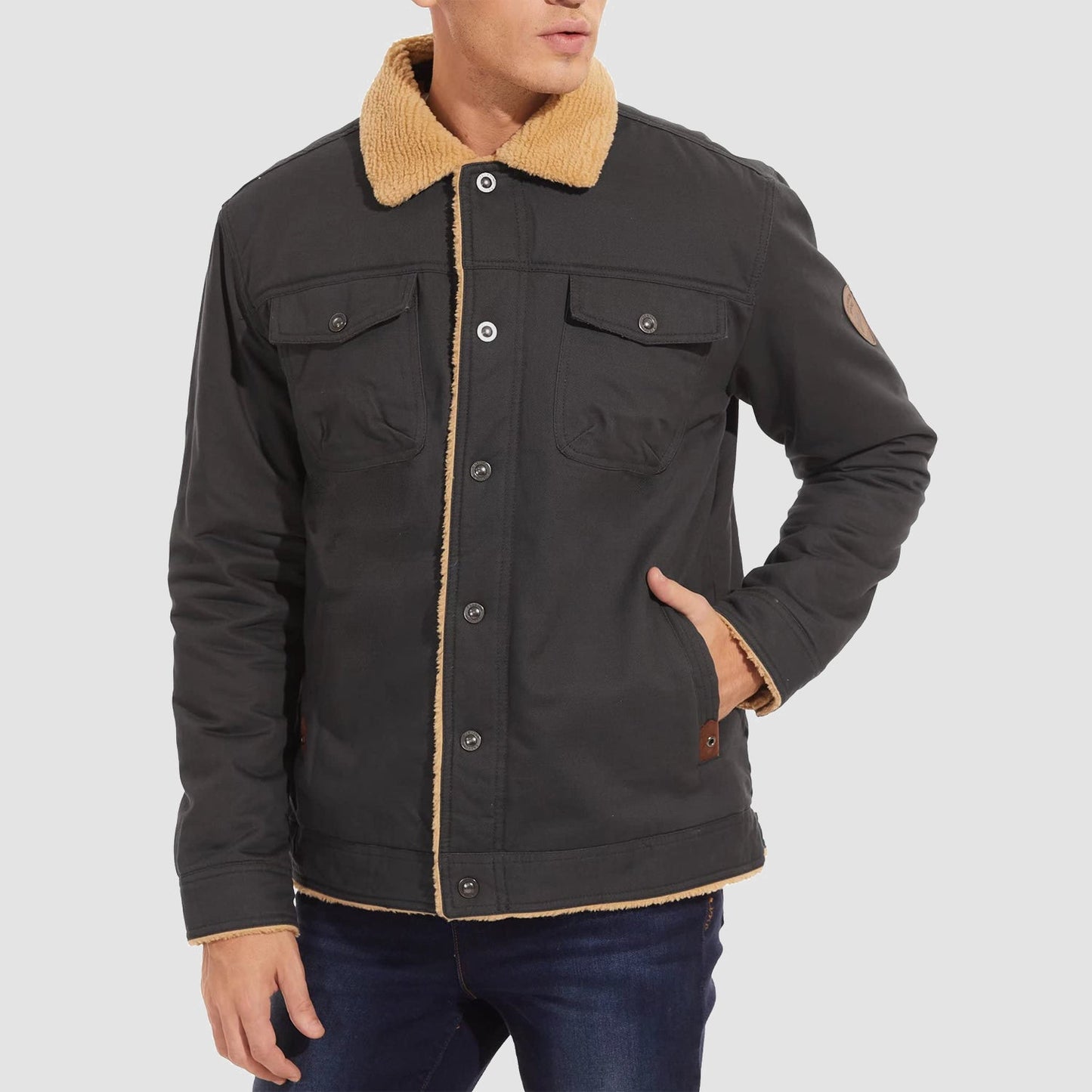 Men's Sherpa Lined Jacket Multiple Pockets Warm Brown