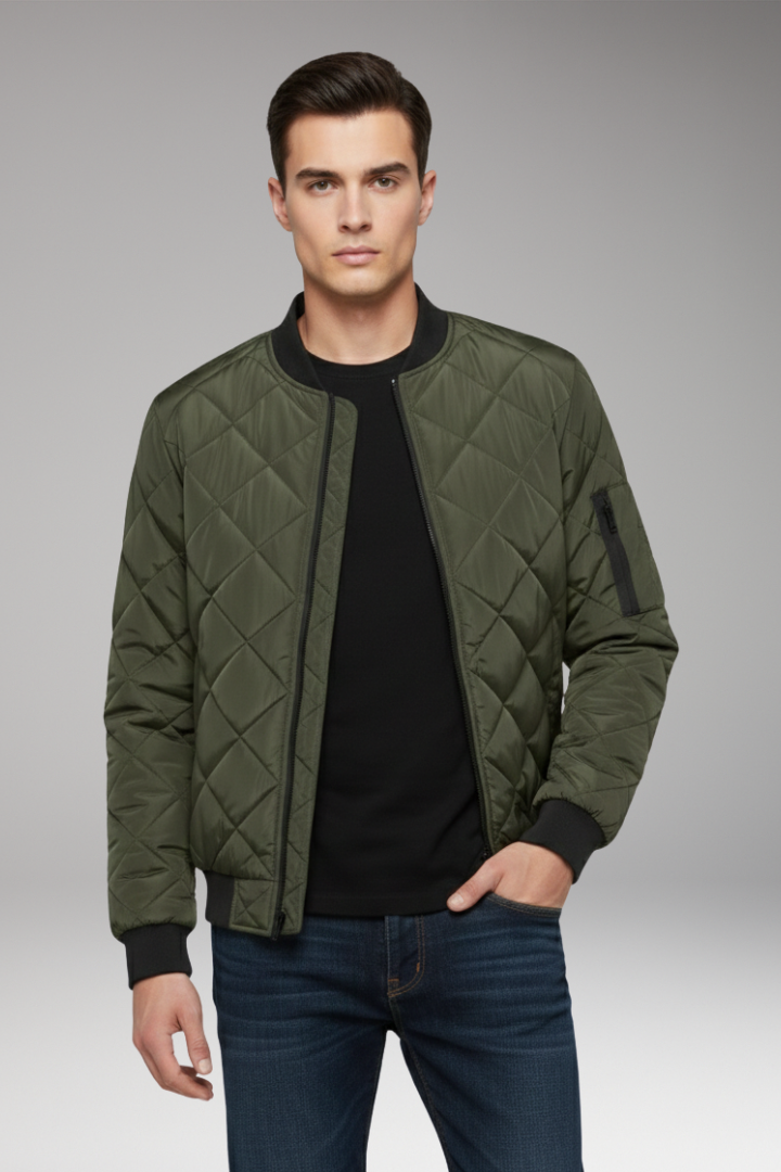 Men's Padded Bomber Jacket Ribbed Cotton Black