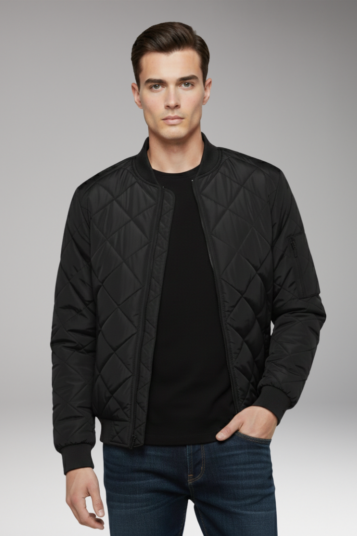 Men's Padded Bomber Jacket Ribbed Cotton Black