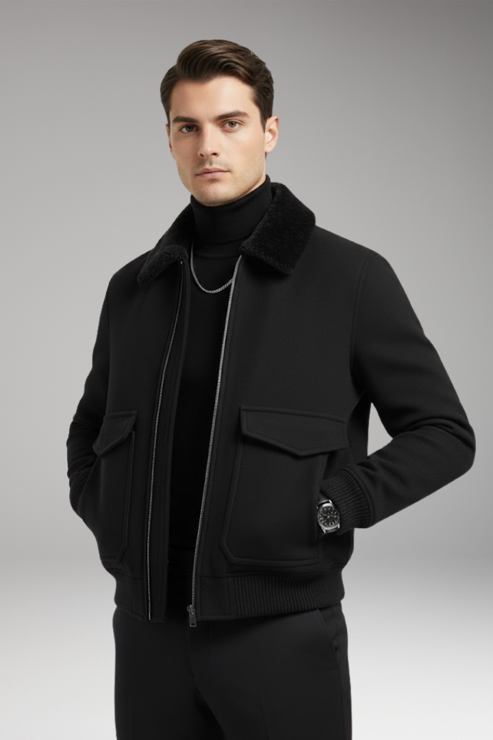 Men's Bomber Jacket Two-Way Zipper Ribbed Hem