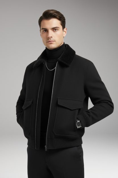 Men's Bomber Jacket Two-Way Zipper Ribbed Hem
