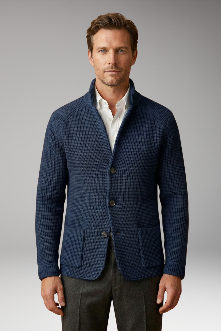 Men's High Collar Cardigan Sweater with Side Pockets