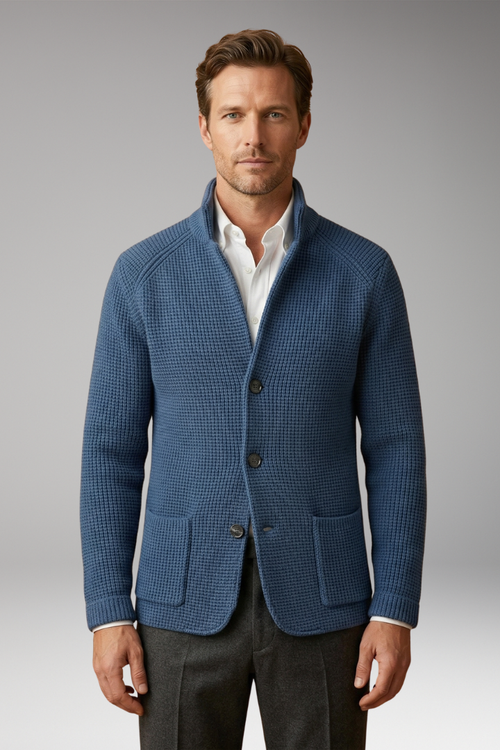 Men's High Collar Cardigan Sweater with Side Pockets