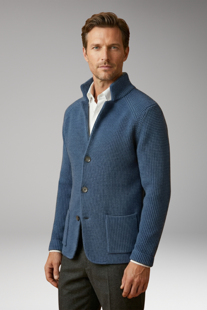 Men's High Collar Cardigan Sweater with Side Pockets