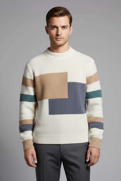 Men's Geometric Knit Sweater High Neck Ribbed