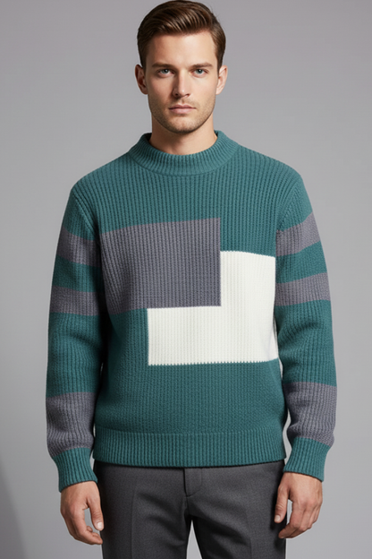 Men's Geometric Knit Sweater High Neck Ribbed