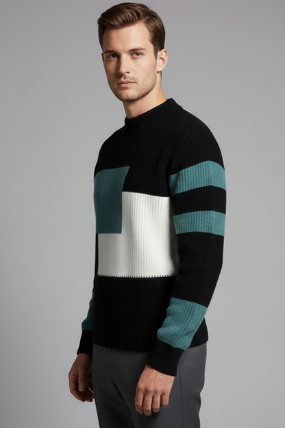 Men's Geometric Knit Sweater High Neck Ribbed