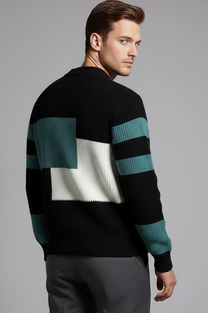 Men's Geometric Knit Sweater High Neck Ribbed