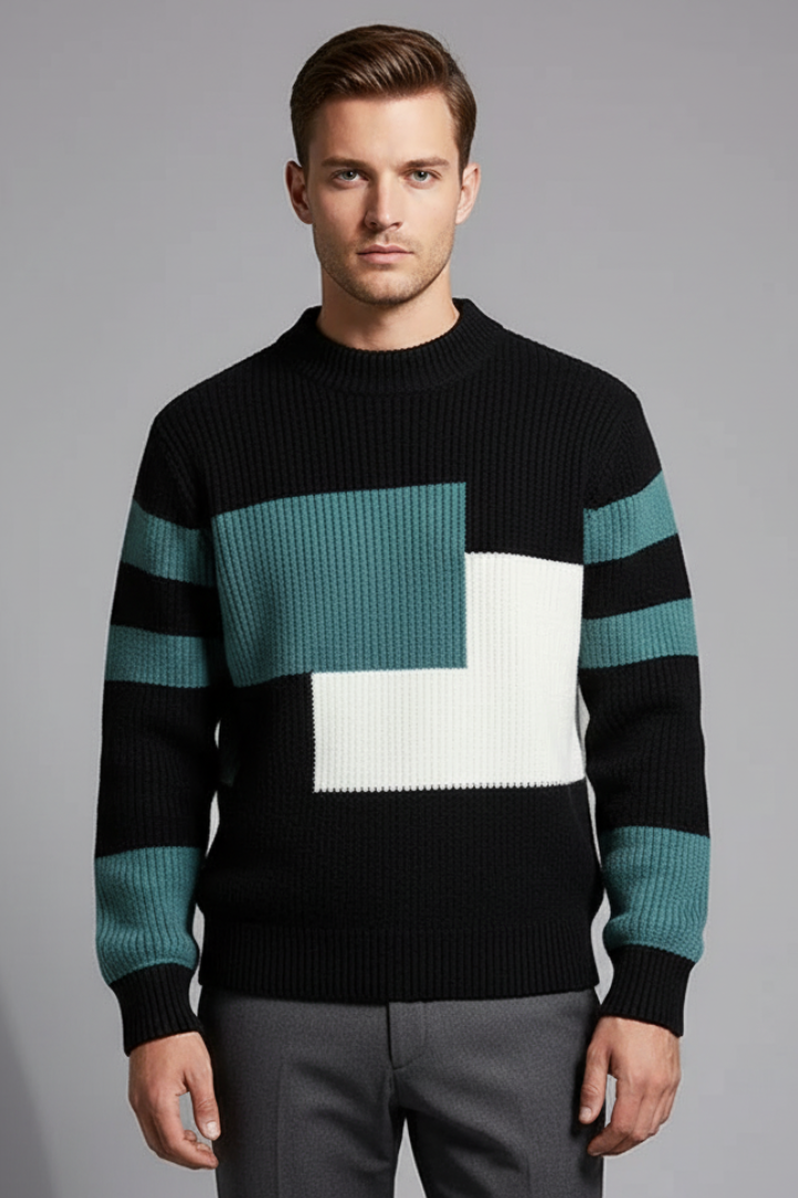 Men's Geometric Knit Sweater High Neck Ribbed