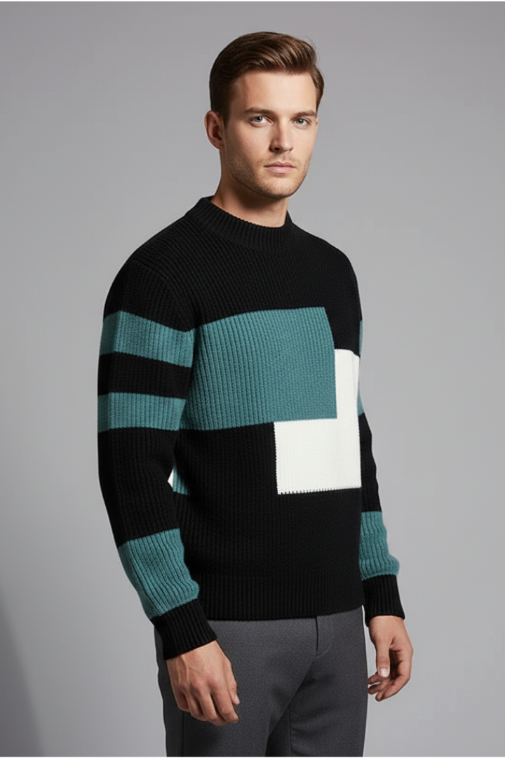 Men's Geometric Knit Sweater High Neck Ribbed